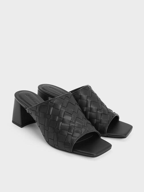 Woven Square-Toe Heeled Mules, Black, hi-res