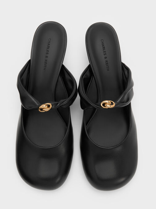 Metallic-Accent Twisted-Strap Heeled Mules, Black, hi-res