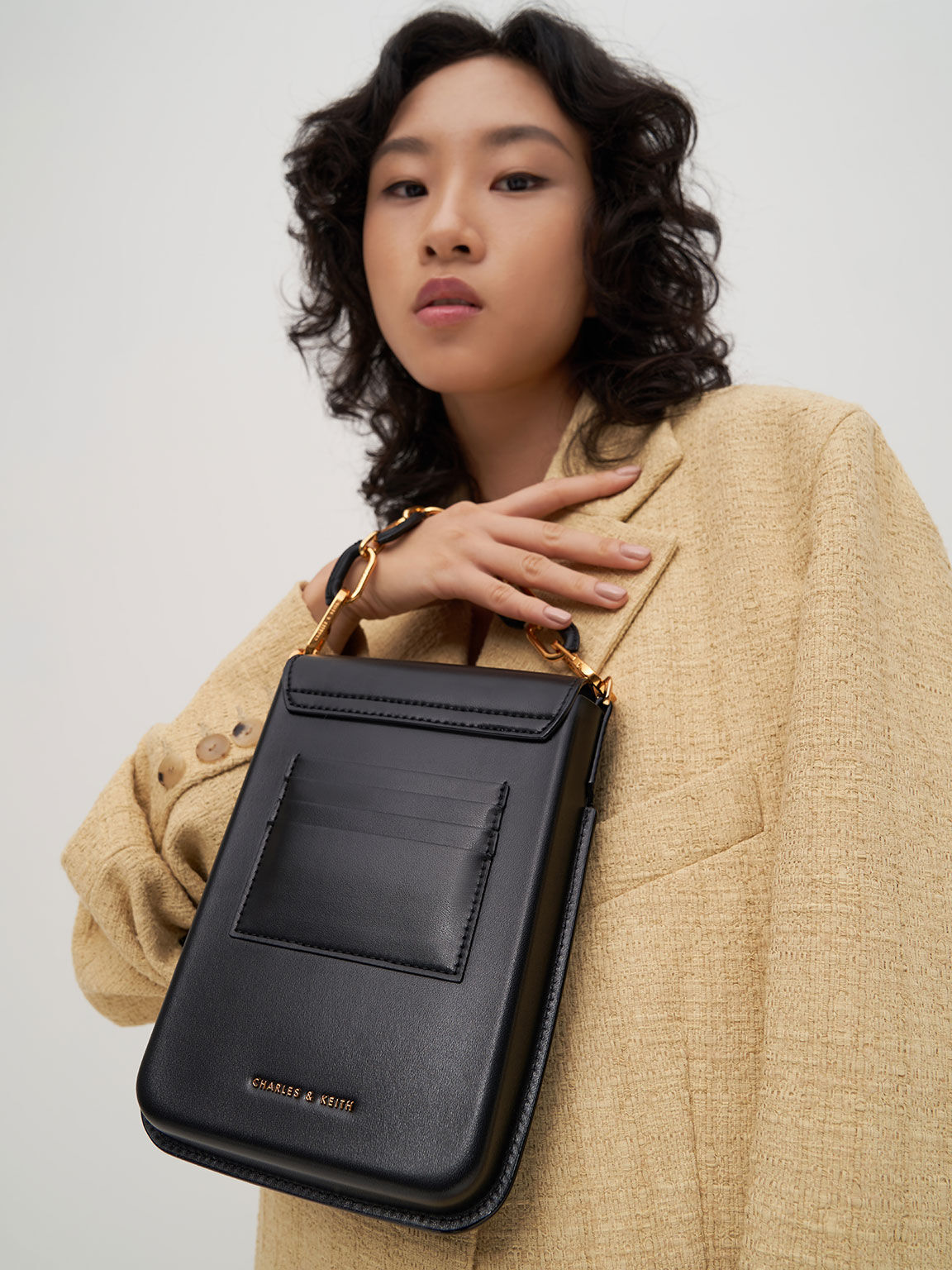 Amber Chain-Handle Long Crossbody Bag, Black, hi-res
