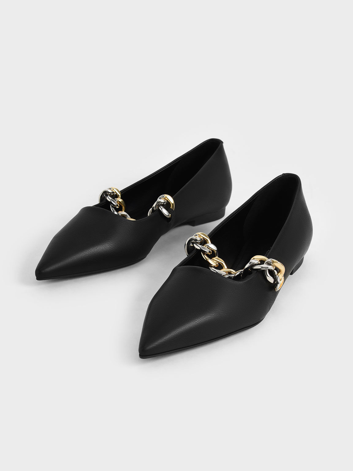 Chunky Chain-Link Mary Jane Flats, Black, hi-res