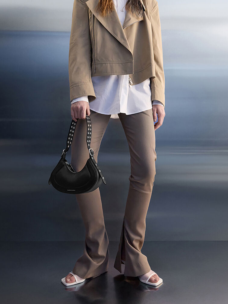 Bolso curvo Petra con correa de ojal, Noir, hi-res