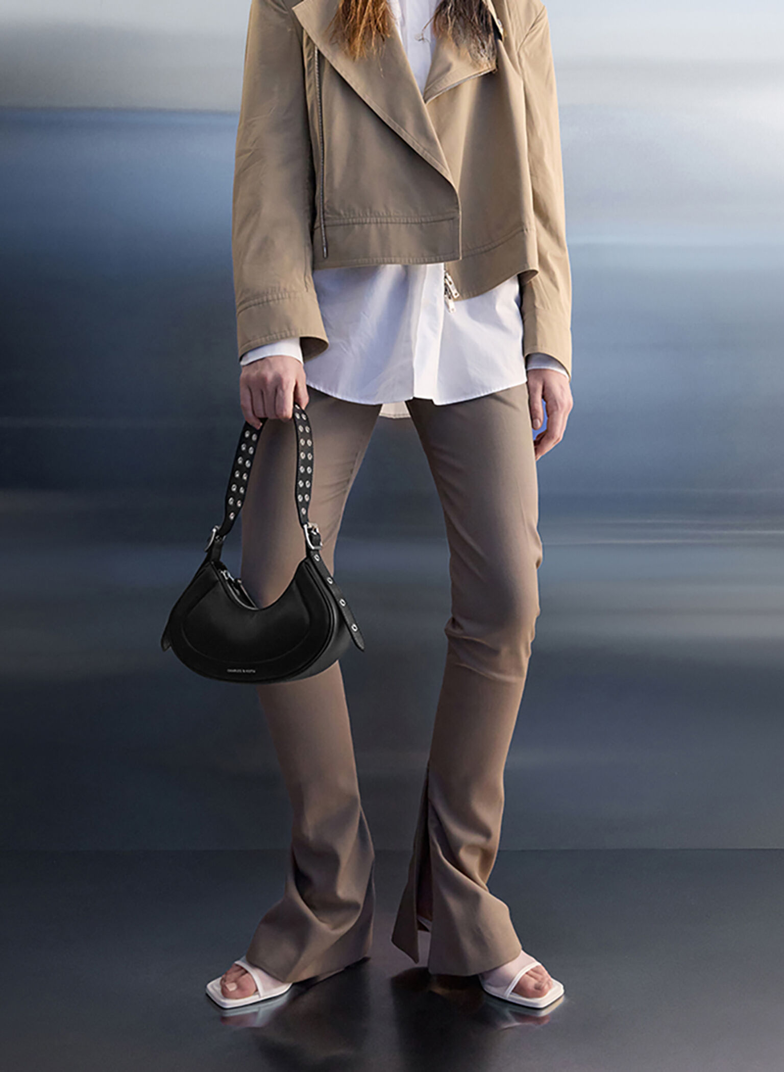 Petra Grommet-Strap Curved Shoulder Bag, Noir, hi-res