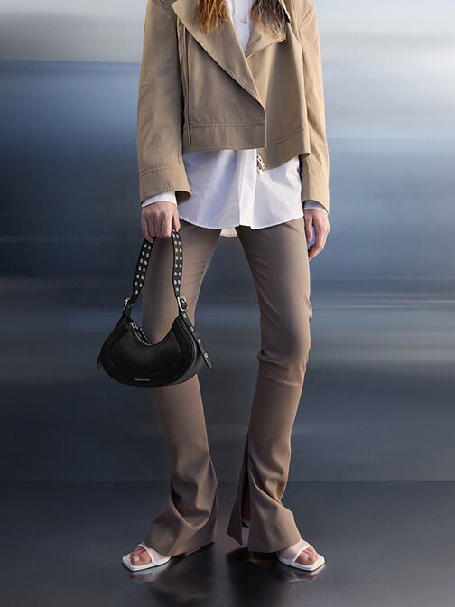 Petra Grommet-Strap Curved Shoulder Bag, Noir, hi-res