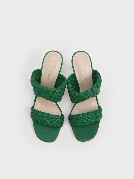 編織寬帶高跟拖鞋, 綠色, hi-res