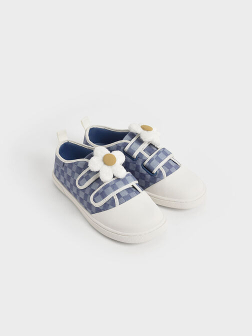 Girls' Flower-Embellished Denim Check-Print Sneakers, Blue, hi-res