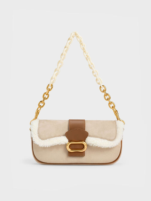 Daki Belted Fur-Trim Curved Bag, Multi, hi-res