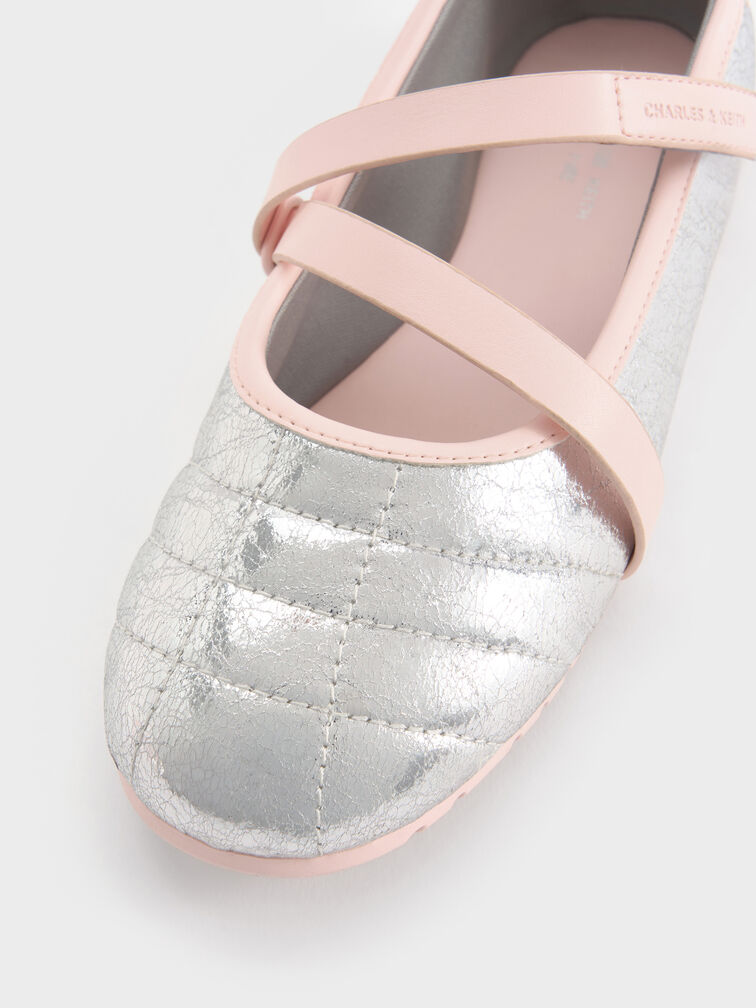 Girls' Metallic Crinkle-Effect Mary Jane Sneakers, Silver, hi-res