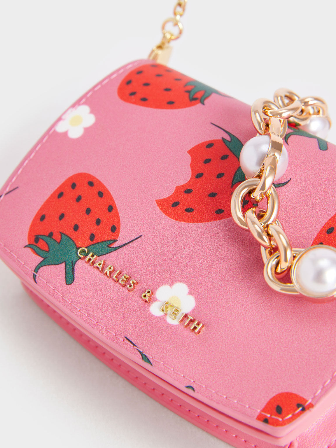 Chain Handle Strawberry-Print Vanity Pouch, Light Pink, hi-res