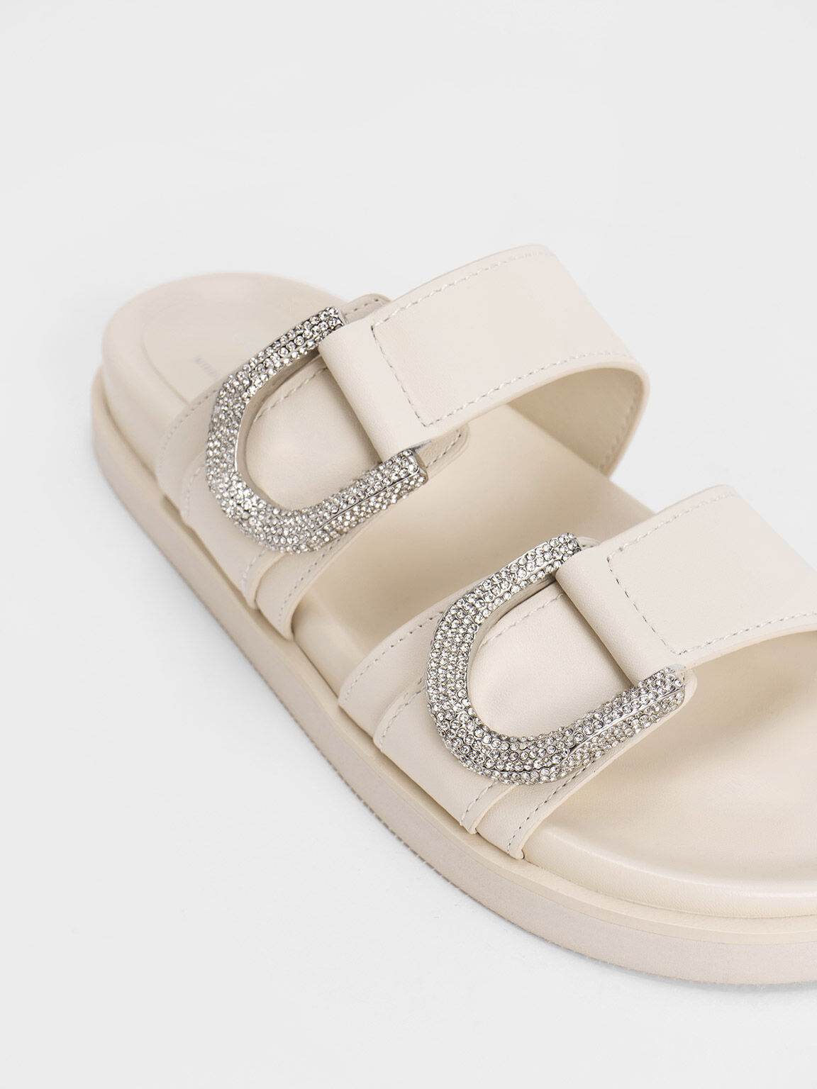 Gem-Embellished Gabine Slides, White, hi-res