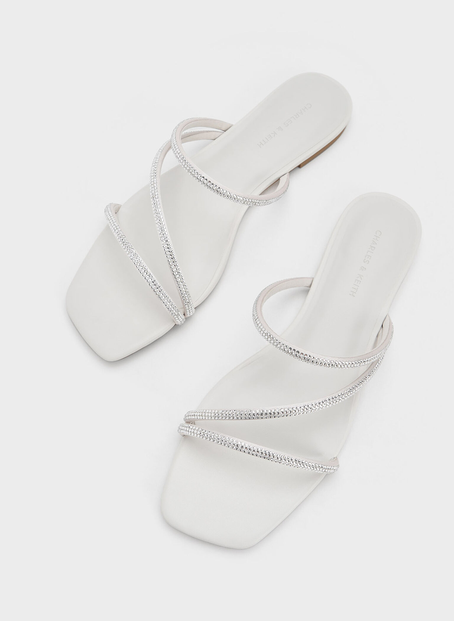 Satin Crystal-Embellished Strappy Sandals, White, hi-res