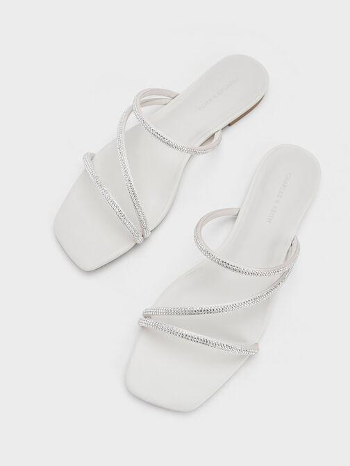 Satin Crystal-Embellished Strappy Sandals, White, hi-res