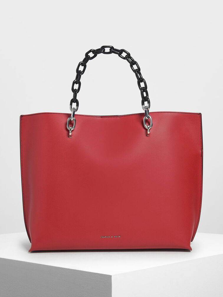 Double Chain Handle Tote Bag, Red, hi-res