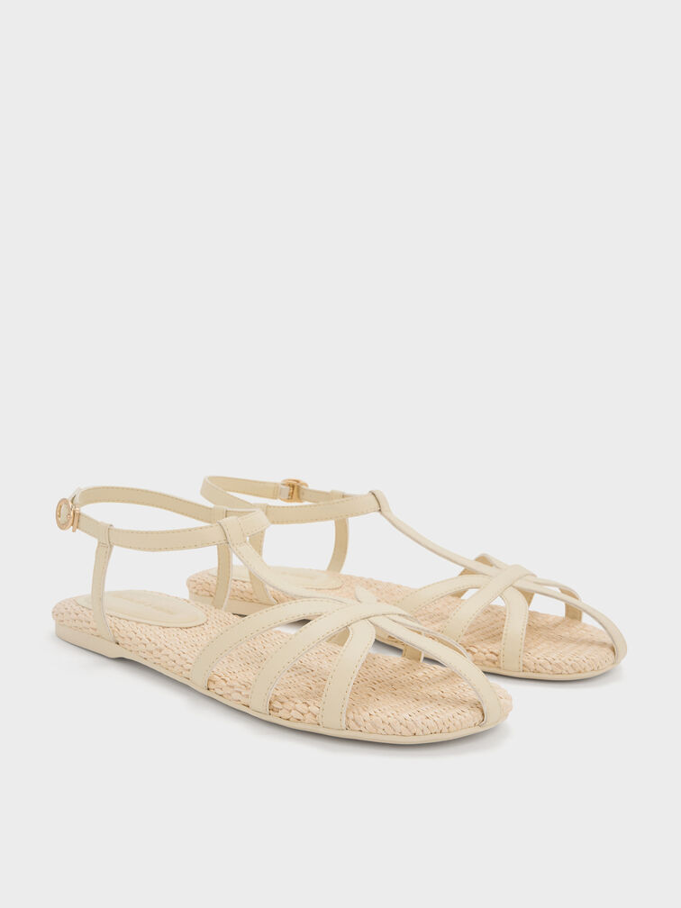 Strappy Raffia T-Bar Ankle-Strap Sandals, Cream, hi-res
