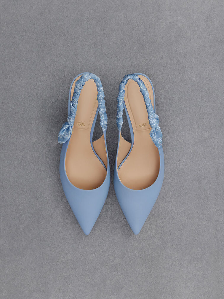 Leather Ruched-Strap Slingback Pumps, Light Blue, hi-res