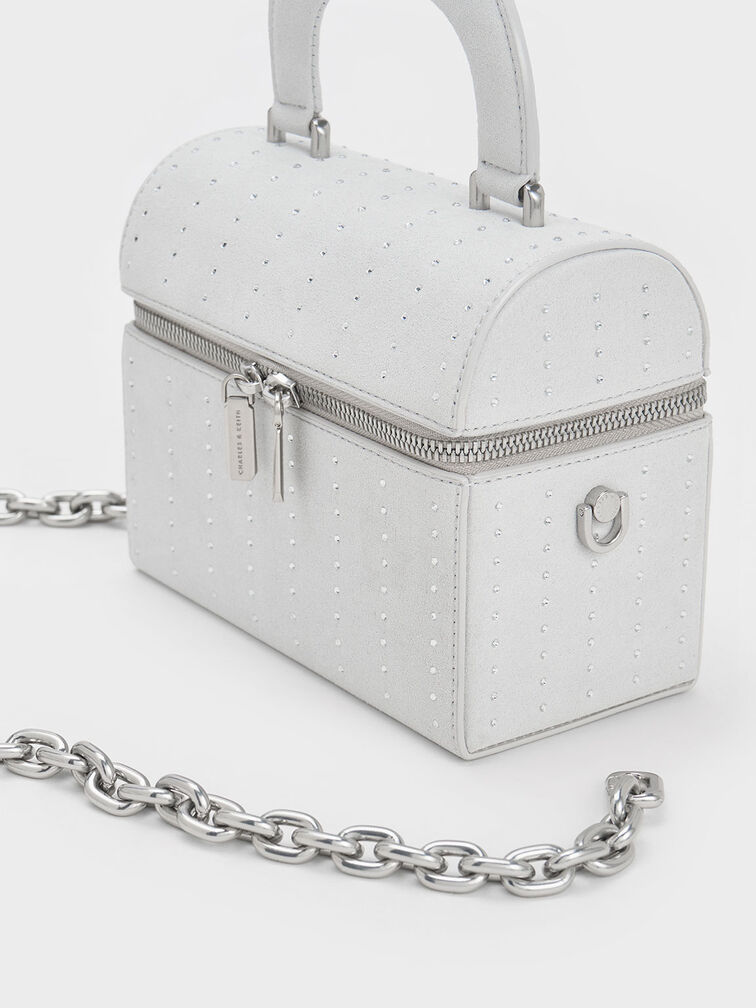 Padded Handle Textured Crossbody Bag, Silver, hi-res