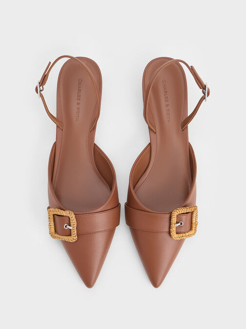 Woven-Buckle Slingback Pumps, Brown, hi-res