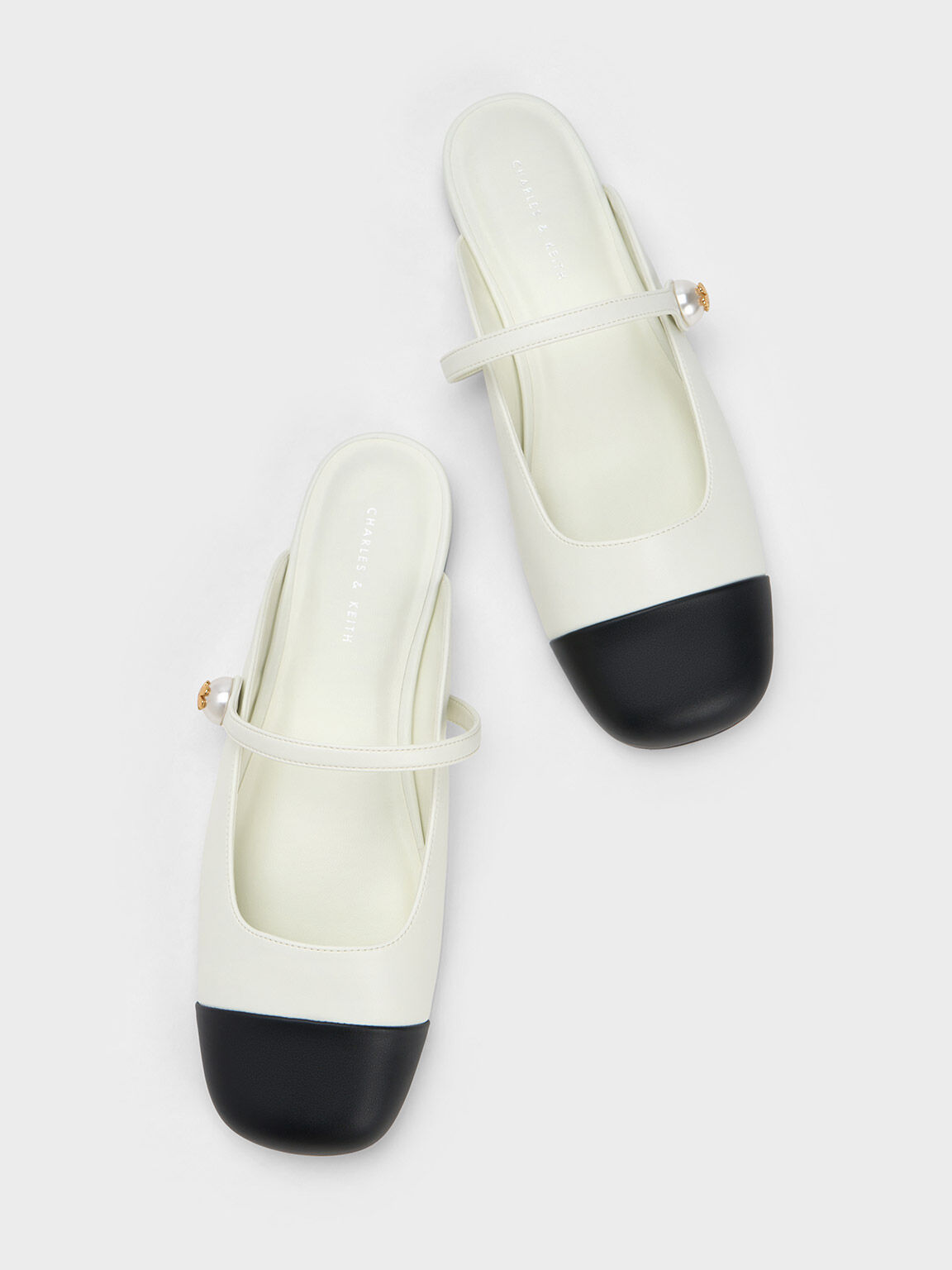 小花珍珠釦平底穆勒鞋, 白色, hi-res
