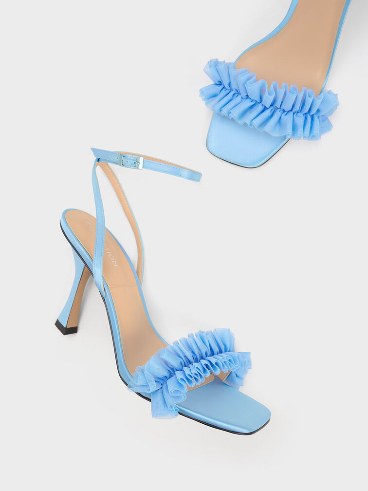 Recycled Polyester Ruffled Mesh Heeled Sandals, Blue, hi-res