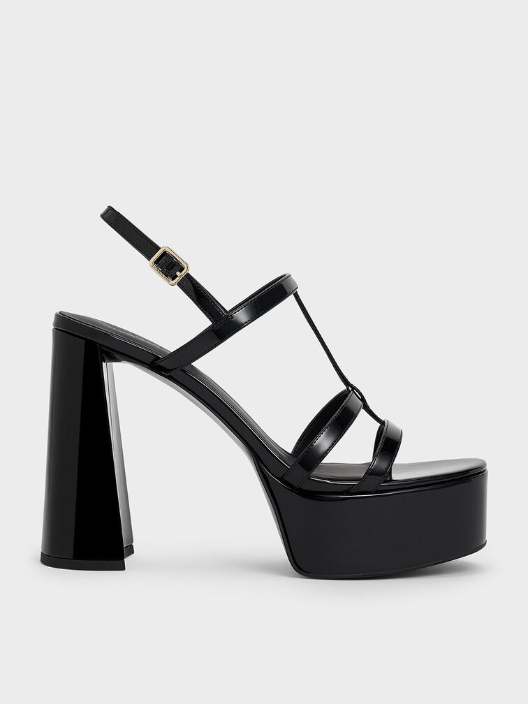 Sandalias de charol con plataforma y tira en T, Charol negro, hi-res
