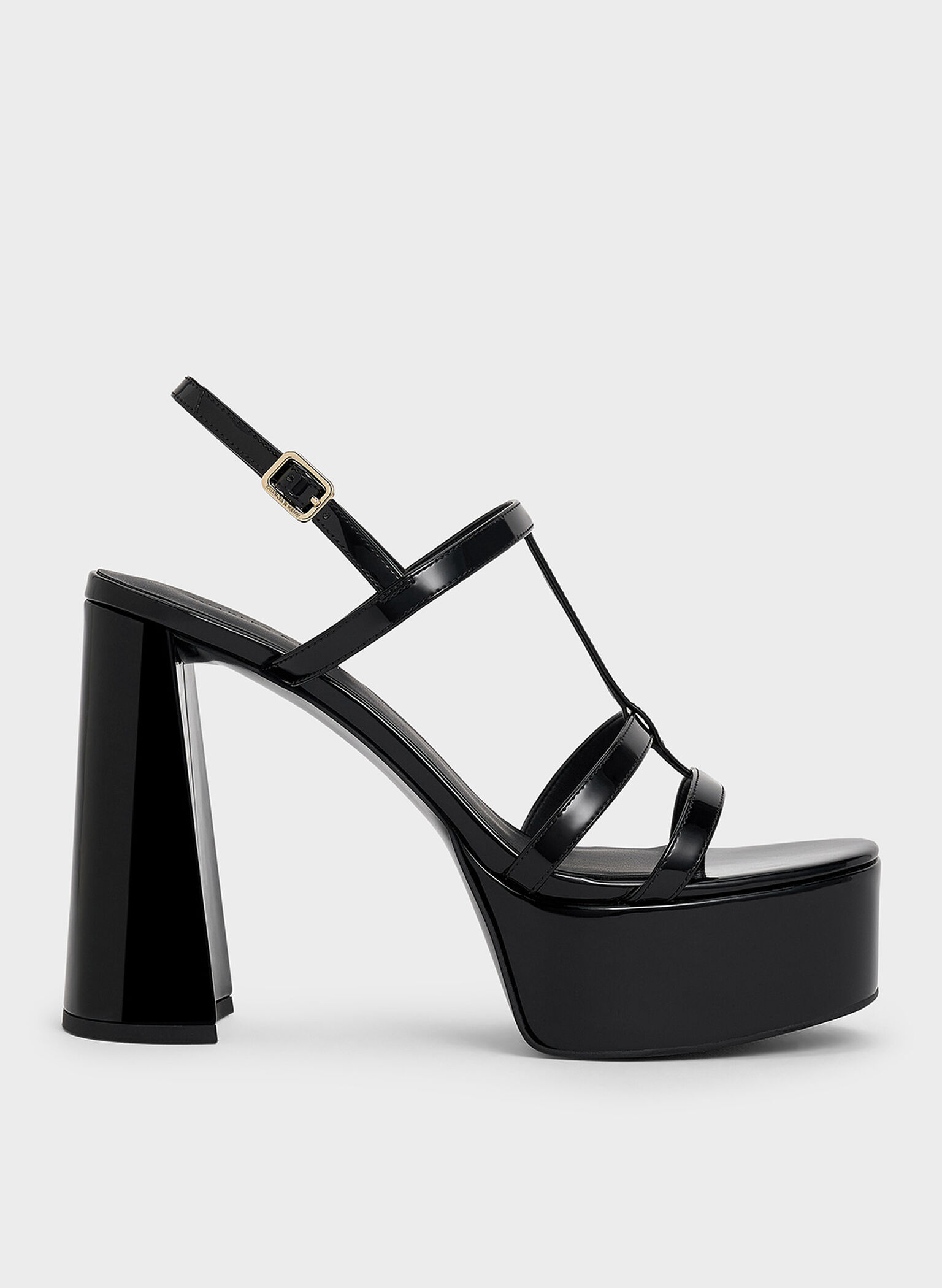 Patent T-Bar Strappy Platform Sandals, Black Patent, hi-res