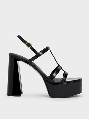 Sandalias de charol con plataforma y tira en T, Charol negro, hi-res