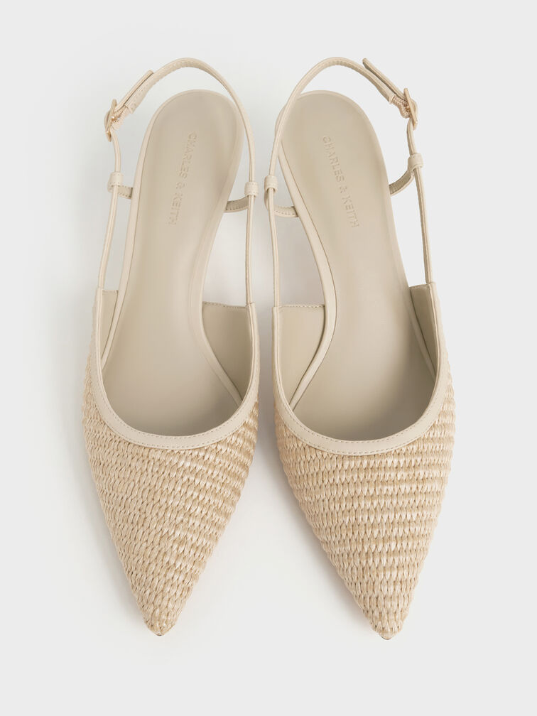 Raffia Pointed-Toe Slingback Pumps, Taupe, hi-res