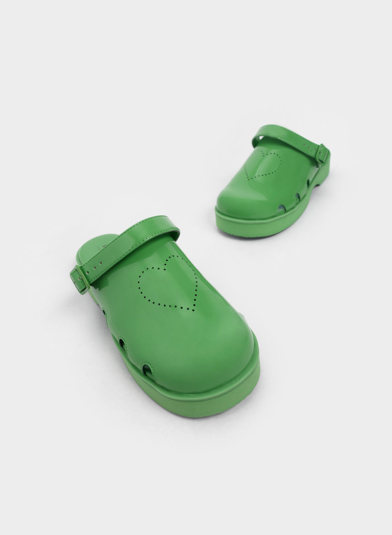 Girls' Heart-Motif Patent Clogs, Green, hi-res