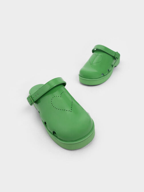 Girls' Heart-Motif Patent Clogs, Green, hi-res