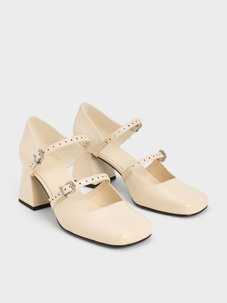Zapatos de tacón d'Orsay con doble correa, Beige, hi-res