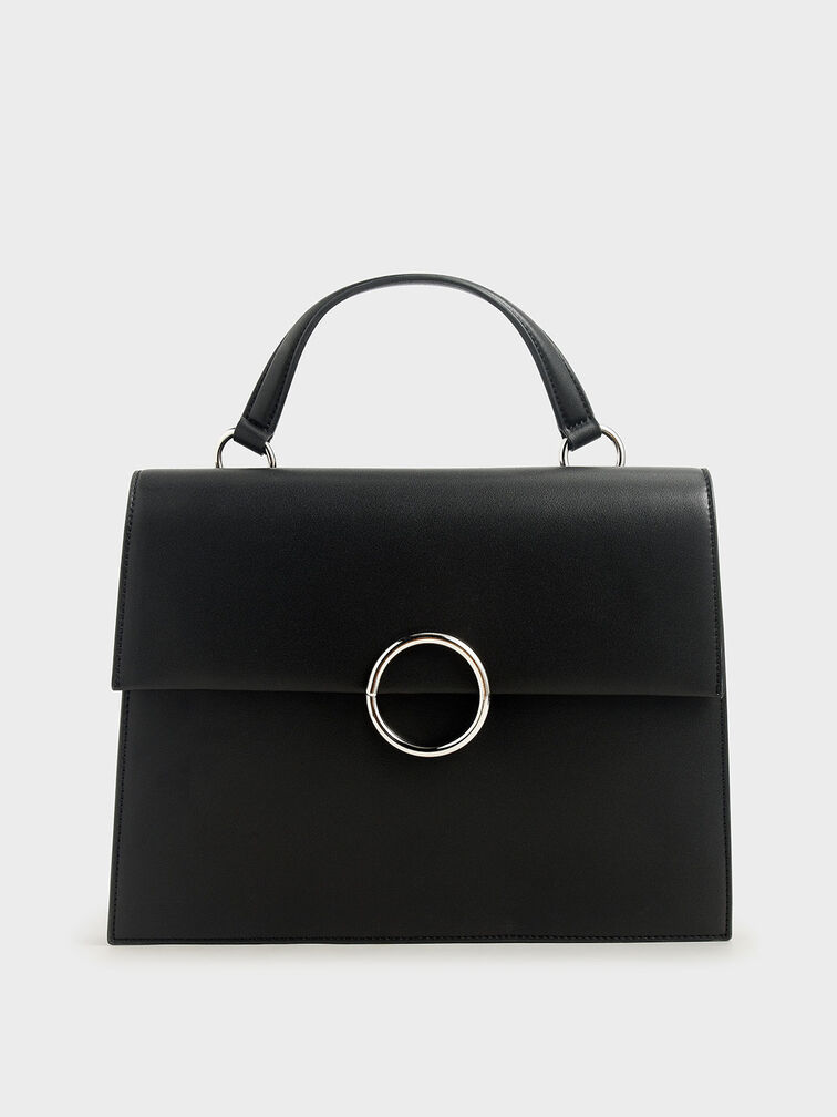 Ring Detail Large Top Handle Bag, Black, hi-res