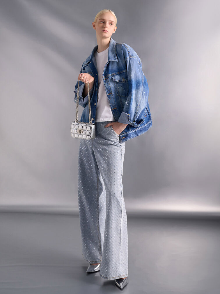 Bolso metÃ¡lico acolchado cuadrado con asa de cadena, Plateado, hi-res