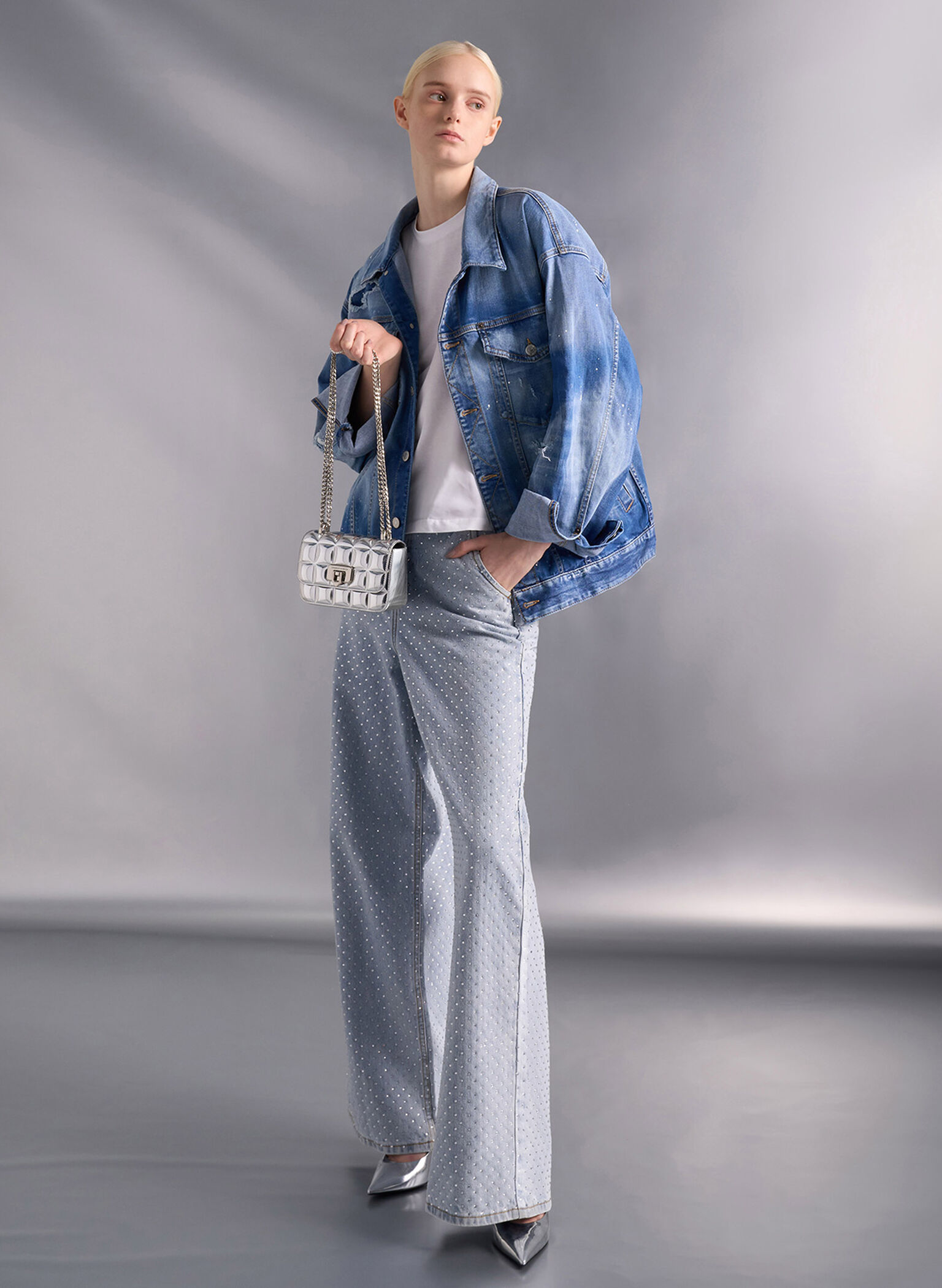 Metallic Square-Quilted Chain-Handle Bag, Silver, hi-res