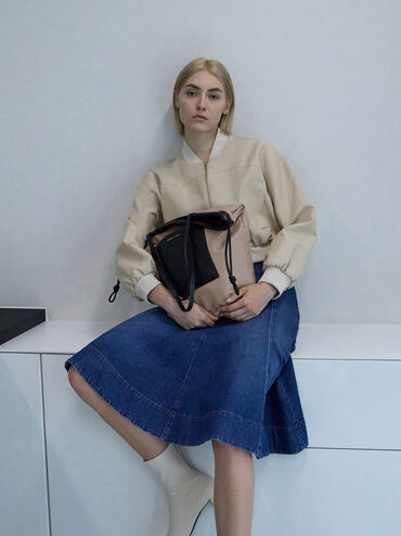 Sianna Ruched Drawstring Tote Bag, Black, hi-res