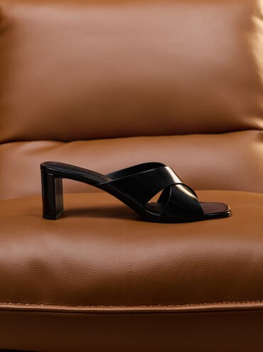 Georgina Crossover-Strap Blade-Heel Mules, Black Box, hi-res