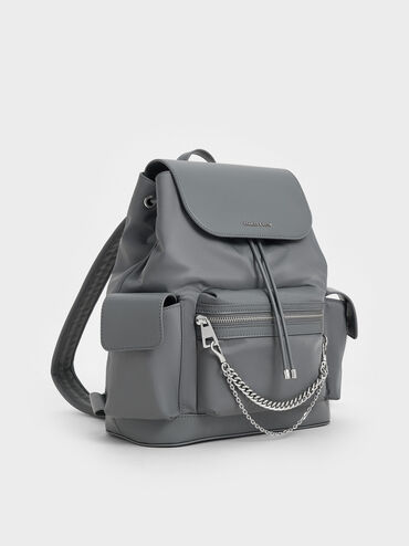 Mochila de nylon acolchada con cadena, Gris, hi-res