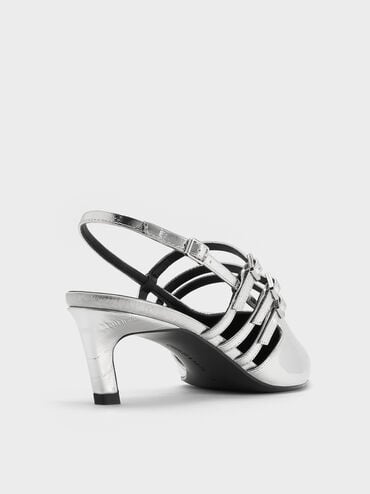 Metallic Triple-Strap Pointed-Toe Kitten-Heel Slingback Pumps, Silver, hi-res