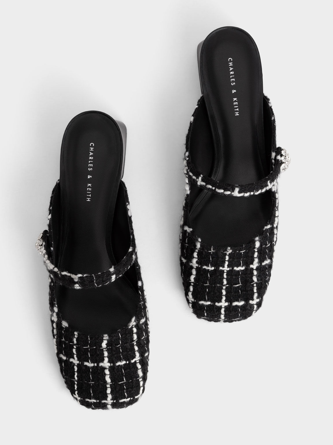 Tweed Gem-Embellished Trapeze Heel Pumps, Black Textured, hi-res