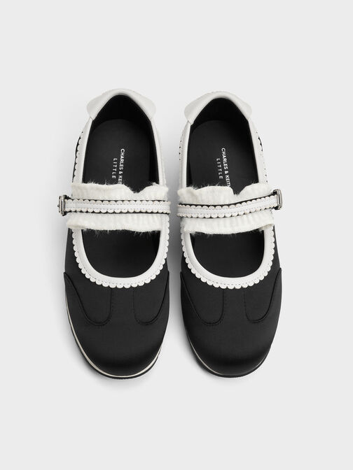 Girls' Satin Scallop-Trim Mary Jane Sneakers, Black Textured, hi-res