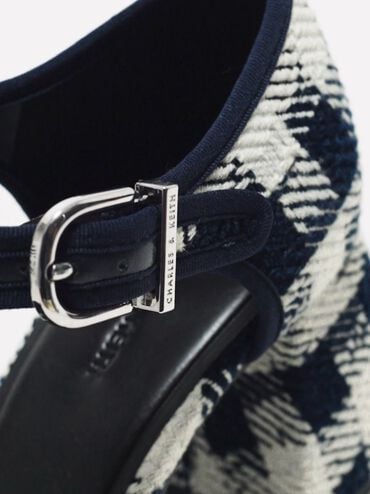Checkered Block-Heel Ankle-Strap D'Orsay Pumps, Dark Blue, hi-res