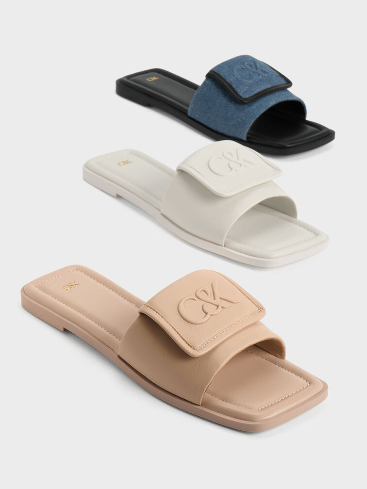 Leather Slide Sandals, White, hi-res