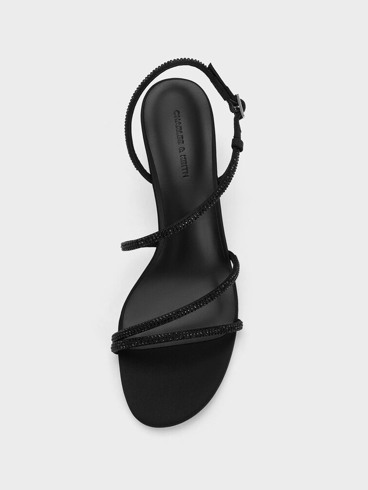Satin Crystal-Embellished Strappy Sandals, Black Textured, hi-res