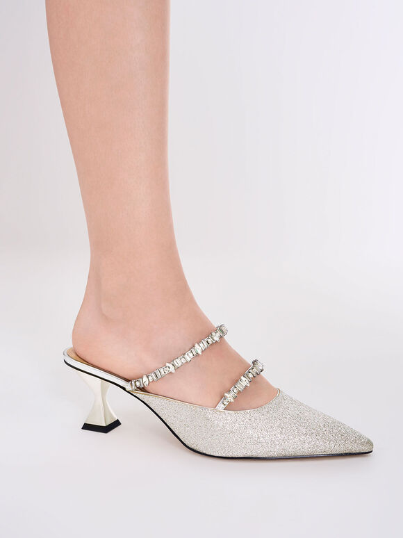 Wedding Collection: Gem-Encrusted Metallic Glitter Mules, Silver, hi-res
