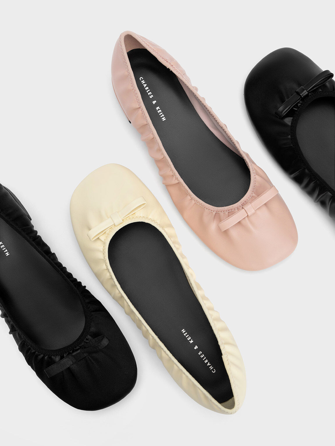 Bow Ruched Ballerinas, Black, hi-res