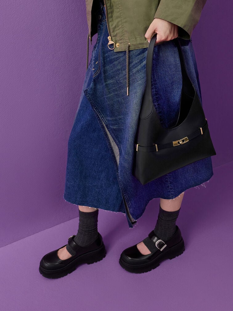 Sac hobo à boucle et détail métallique Arlet, Noir, hi-res