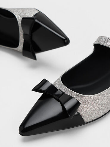 Leather Glittered Bow Mary Jane Flats, Silver, hi-res