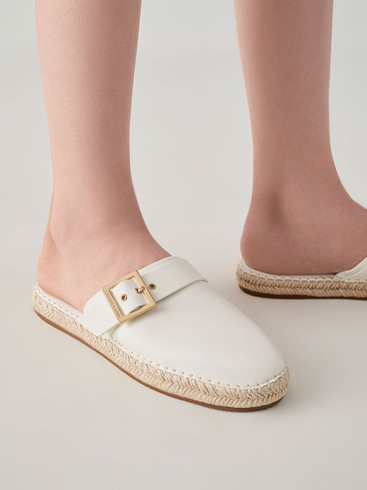 Buckled Espadrille Mules, White, hi-res