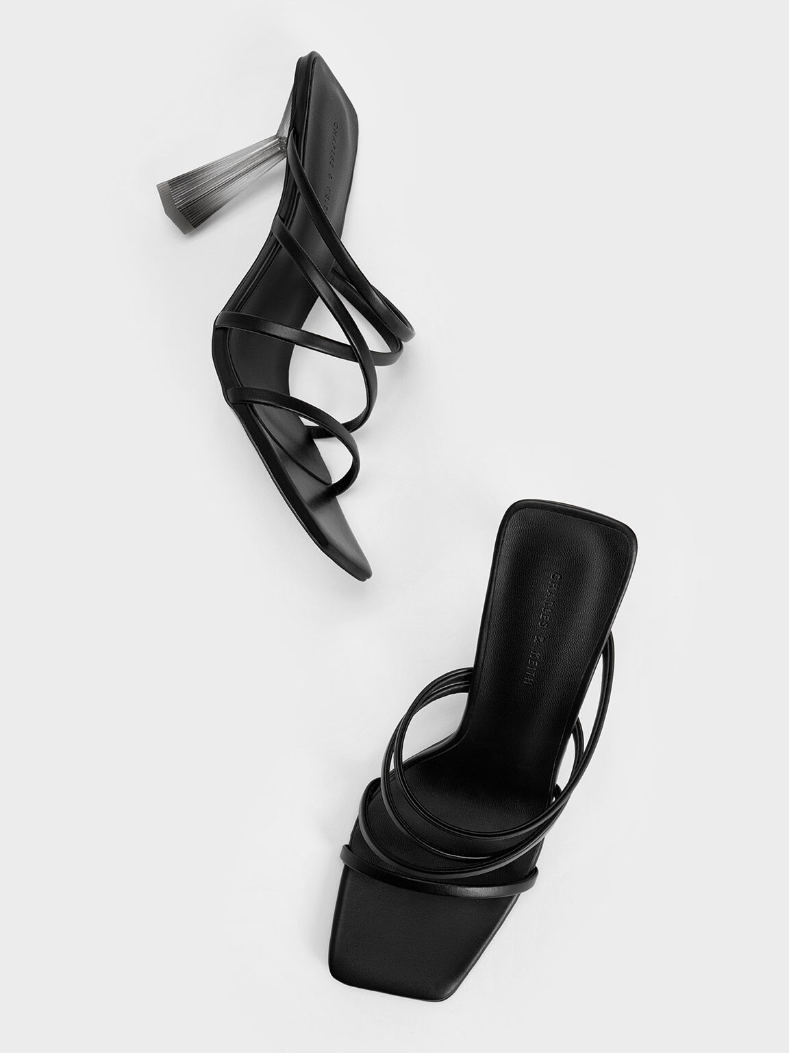 Transparent Heel Strappy Mules, Black, hi-res