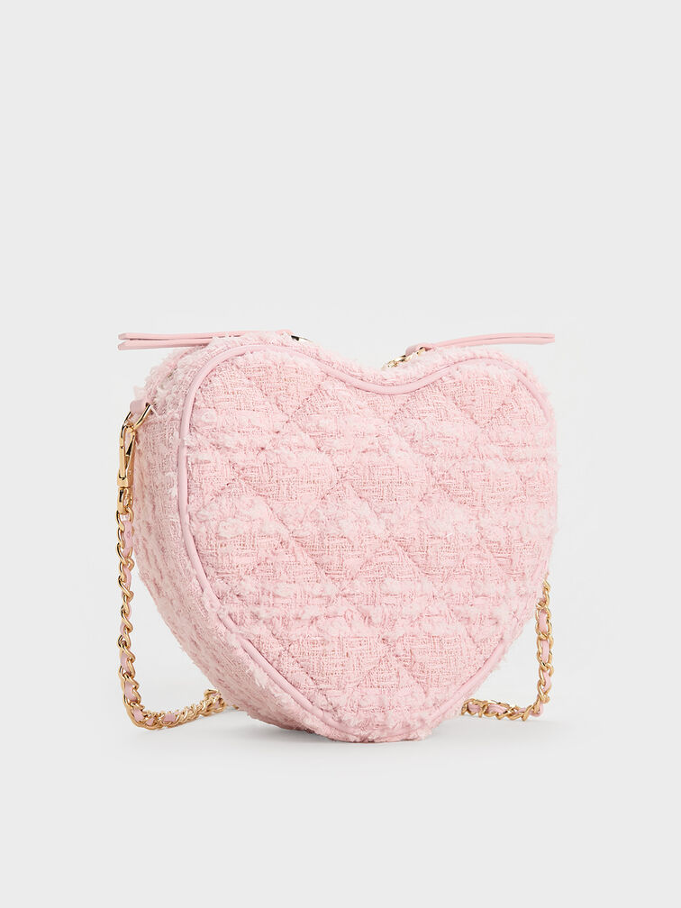 Philomena Tweed Bow Quilted Heart Crossbody Bag, Pink, hi-res