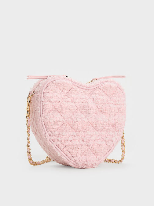 Philomena Tweed Bow Quilted Heart Crossbody Bag, Pink, hi-res