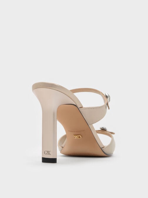 Pearlescent Leather Gem-Buckle Double-Strap Heeled Sandals, Ivory, hi-res